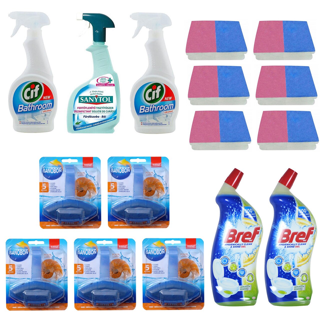 Pachet - 5 x SanoBon Blue, Peach Scented, Toilet Rim Block, Odorizant wc, 5 x 55g + Sanytol bucatarie, 500ml + 2 x Cif bucatarie, 500ml + 6 x Bureti pentru curatare + 2 x Bref lichid pentru vasul toaletei, 700ml